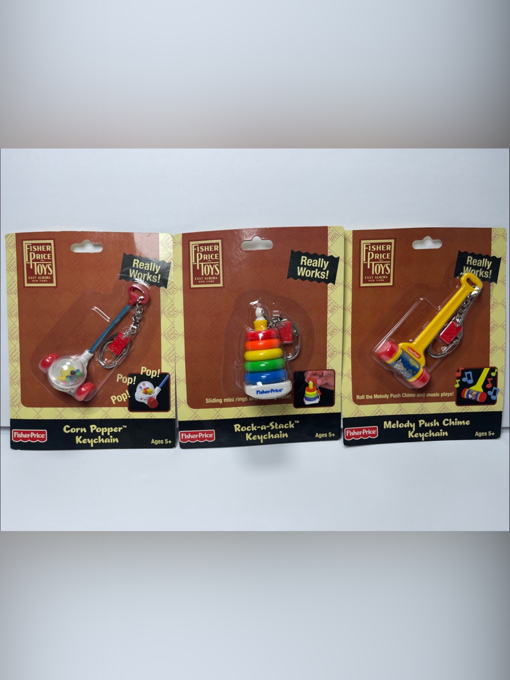 Vintage Fisher-Price Bright Retro Toy Keychain Trio Brand New In Packaging